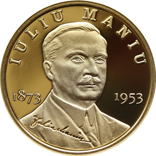 Banca Naţională a României lanseaza în circuitul numismatic o monedă din aur cu tema 150 de ani de la nașterea lui Iuliu Maniu. 2